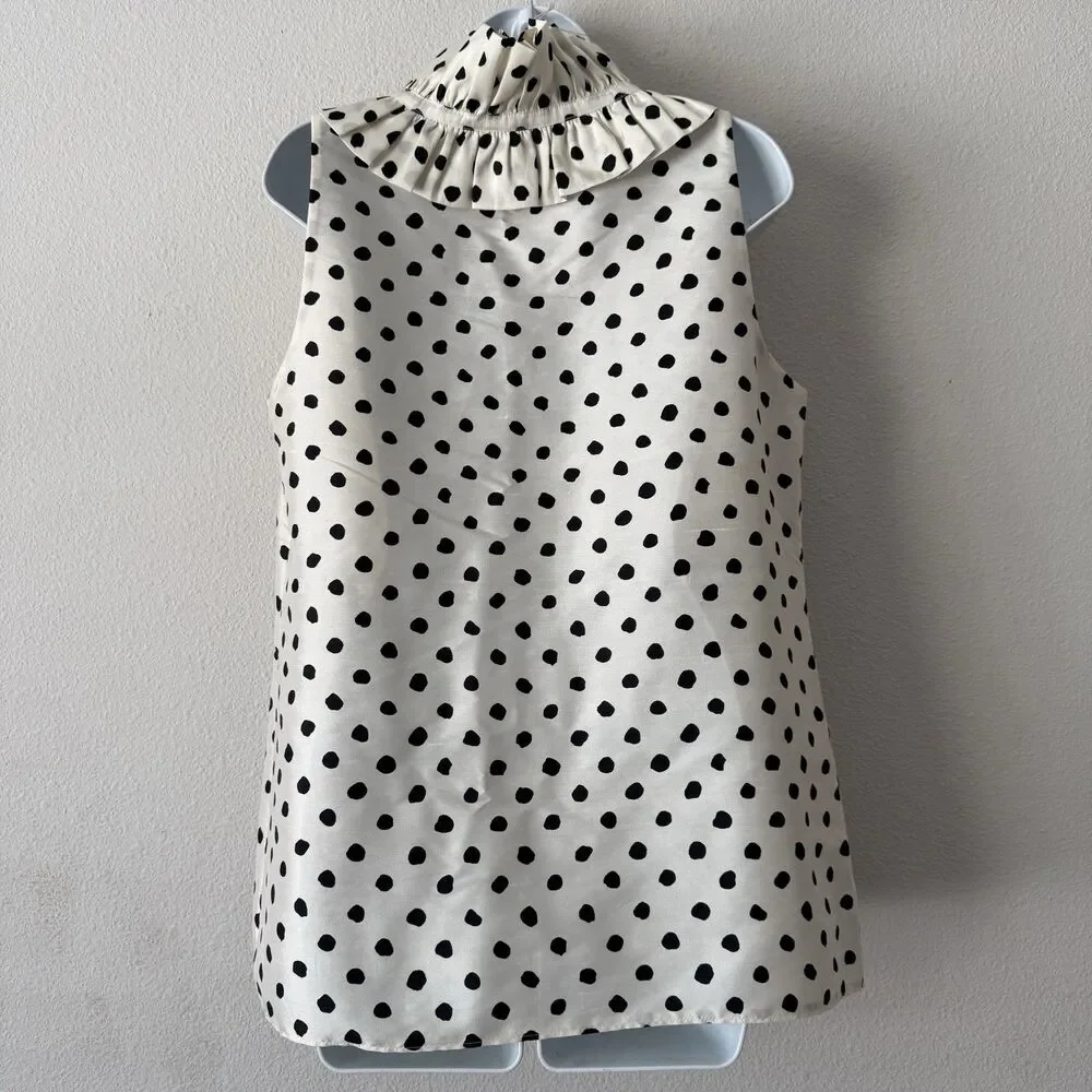 Kate Spade NY 100% Silk Polka Dot Blouse 10 Ruffle Neck Sleeveless Cloud Dot Top